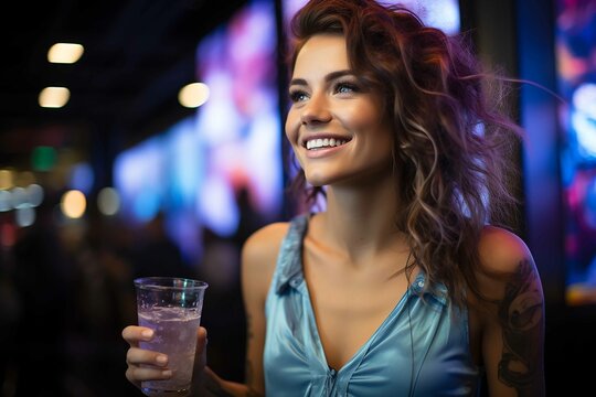 The image shows a lady, drinking a blue colored drink should not carry herbs, inside casino. The image showcases a vibrant scene at Foliatti Casino, with a captivating blend of green and purple hues
