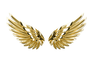 Obraz premium 3d Golden wings, gold bird feather angel wings isolated on transparent background - Generative AI
