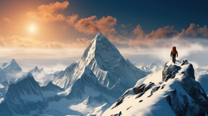 On the top of the snow, Mount Everest, There is a climber. - obrazy, fototapety, plakaty