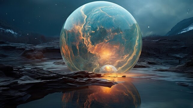  an image of a planet in the middle of a body of water with a reflection of itself in the water.