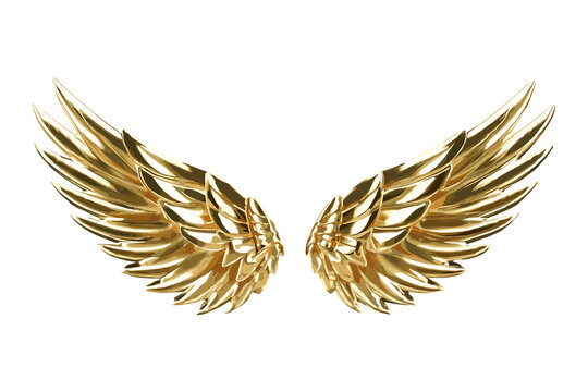 3d Golden wings, gold bird feather angel wings isolated on transparent background - Generative AI