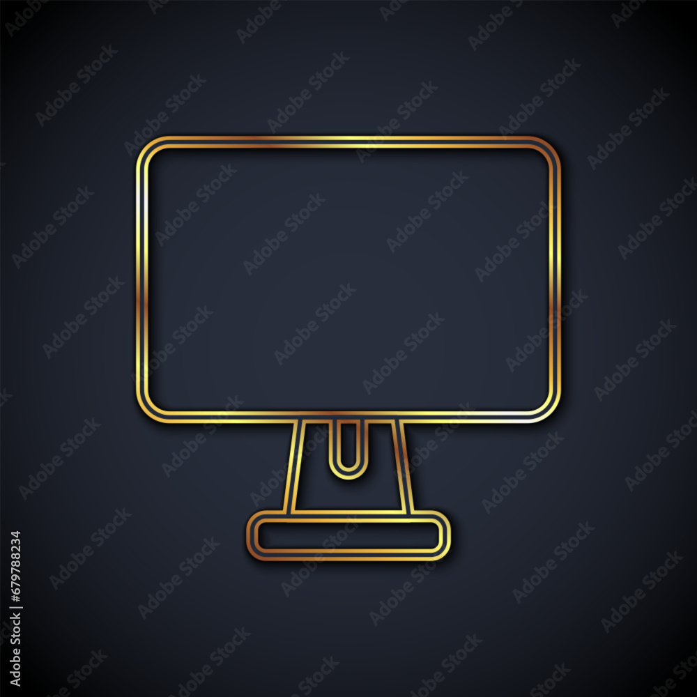 Poster gold line computer monitor screen icon isolated on black background. electronic device. front view. 