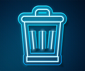 Glowing neon line Trash can icon isolated on blue background. Garbage bin sign. Recycle basket icon. Office trash icon. Vector