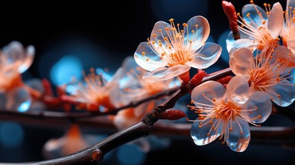  a close up of a branch of a tree with white and orange flowers and blue boke of light in the background.