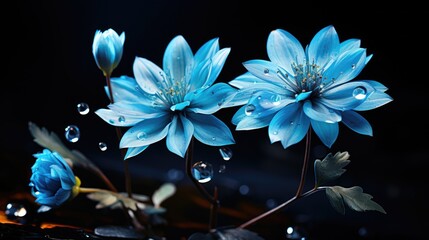  a group of blue flowers sitting on top of a wooden table next to water droplets on the leaves of a plant.