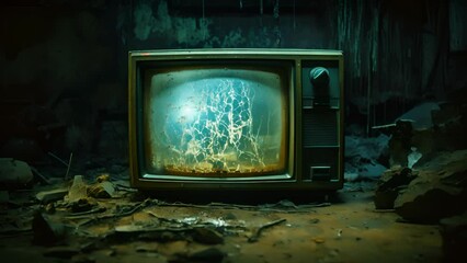 An old TV bogged down by years of misuse with a battered frame of black plastic. A faint haze of static radiates from the screen filling the room with a slight hum.