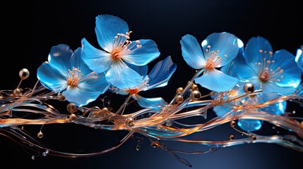  a bunch of blue flowers that are next to each other on a black background with a black background behind them.