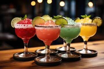 Different Flavored Margaritas on a wooden table at sports bar in a Classic Margarita Glass.