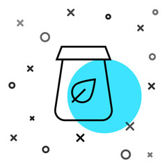 Black line Tea packaging icon isolated on white background. Paper bag with tea. Random dynamic shapes. Vector