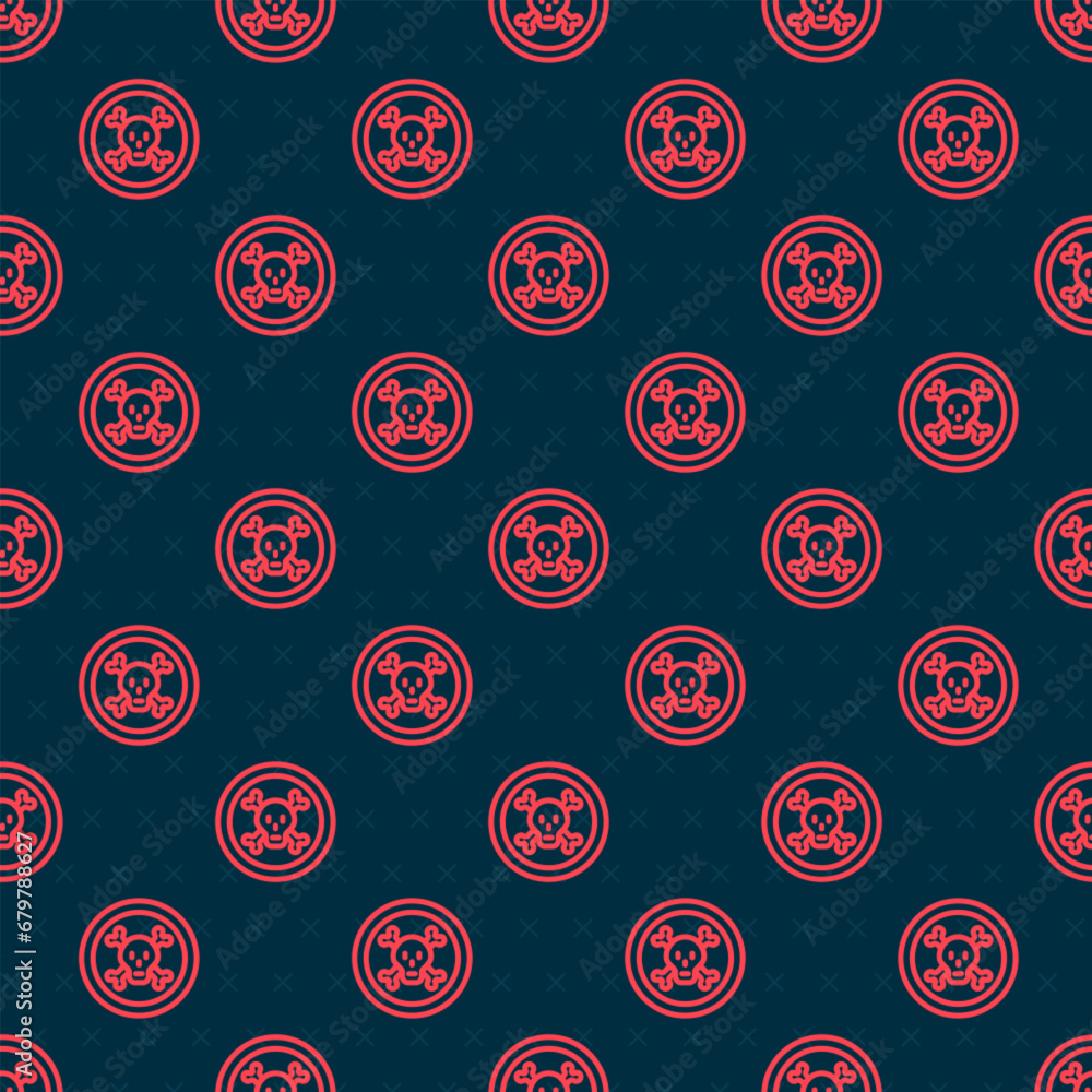Poster red line bones and skull as a sign of toxicity warning icon isolated seamless pattern on black backg