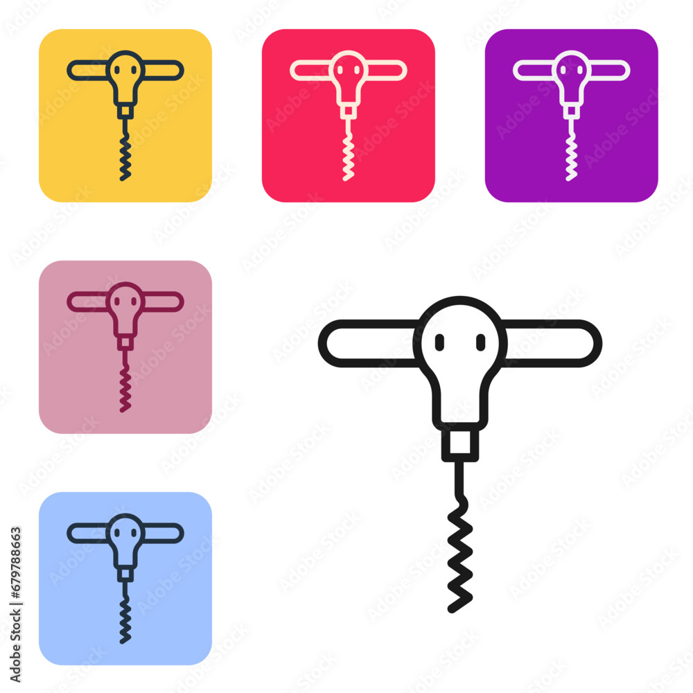 Poster black line wine corkscrew icon isolated on white background. set icons in color square buttons. vect
