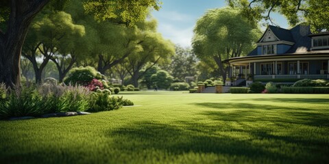 Fototapeta na wymiar Green lawn with smooth grass near the home. Generative Ai.