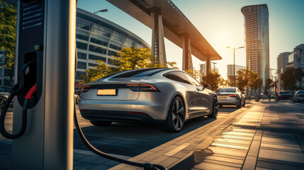 A cityscape with electric vehicle charging stations, promoting the transition to cleaner transportation methods.