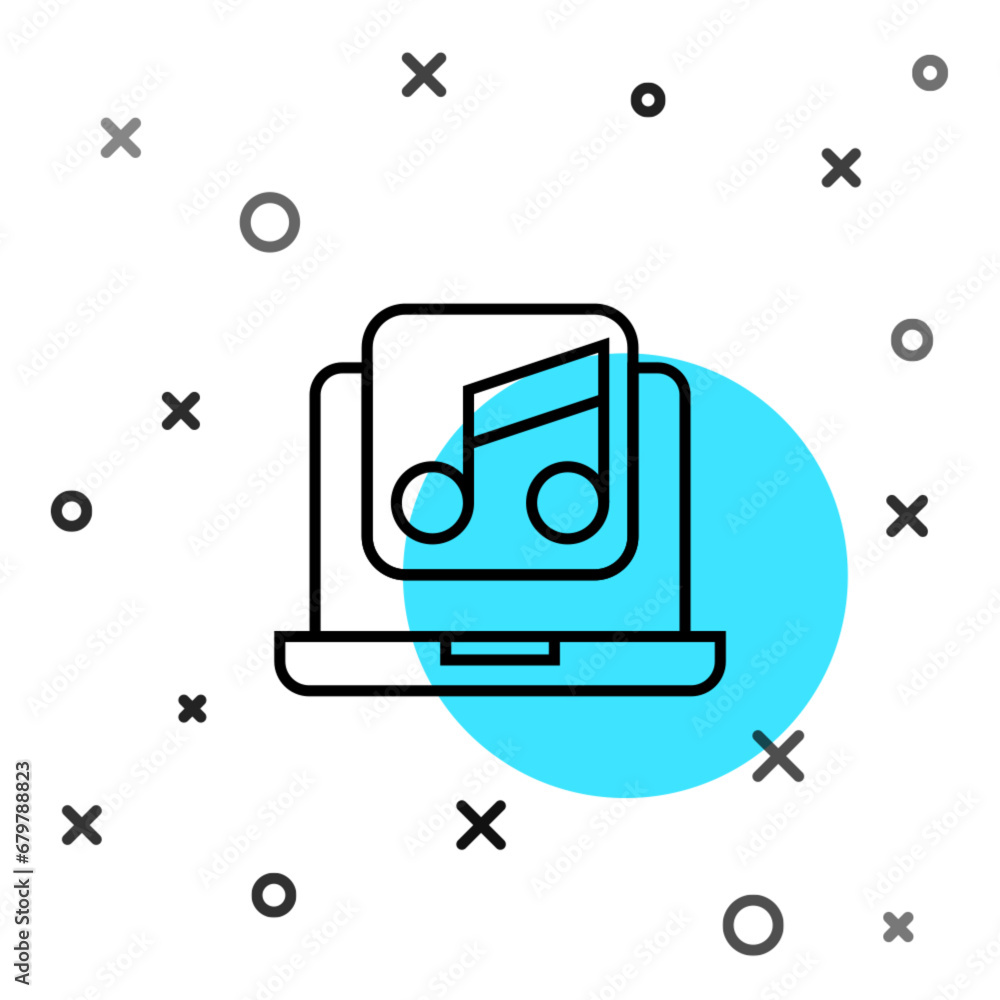 Poster black line laptop with music note symbol on screen icon isolated on white background. random dynamic