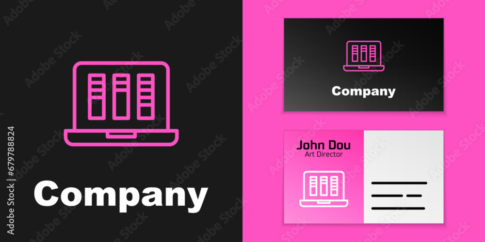 Poster pink line sound or audio recorder or editor software on laptop icon isolated on black background. lo