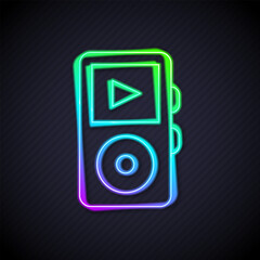 Glowing neon line Music player icon isolated on black background. Portable music device. Vector