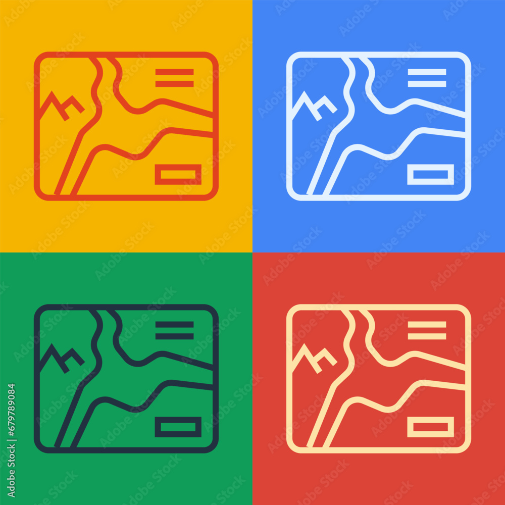 Poster pop art line topographic map with route and coordinates icon isolated on color background. vector