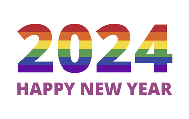 Cartel con el mensaje Año 2024 Feliz año Nuevo colorido sobre un fondo blanco liso y aislado. Vista de frente y de cerca. Copy space