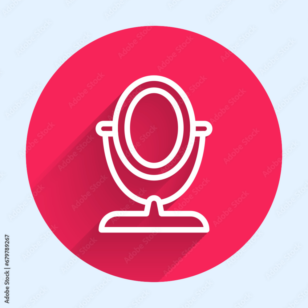 Poster white line round makeup mirror icon isolated with long shadow background. red circle button. vector