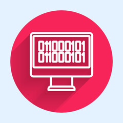 White line Binary code icon isolated with long shadow background. Red circle button. Vector