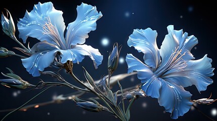  a close up of a blue flower on a stem with a blue background and stars in the sky in the background.