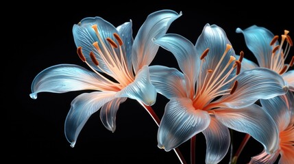  a group of blue and orange flowers on a black background and a black background with a black back ground and a black back ground.