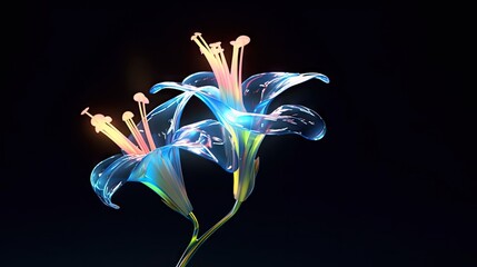  a close up of a flower in a vase on a black background with a blue and yellow flower in the center.