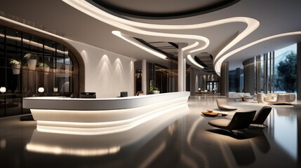 The design of the hotel front desk lobby is mainly in black and white.