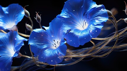  a close up of blue flowers on a black background with a blurry image of the center of the flower.