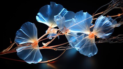  a close up of a flower on a black background with a blurry image of blue flowers in the background.