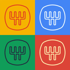 Pop art line Gear shifter icon isolated on color background. Manual transmission icon. Vector