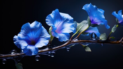  a close up of a blue flower on a branch with drops of water on the petals and a black background.
