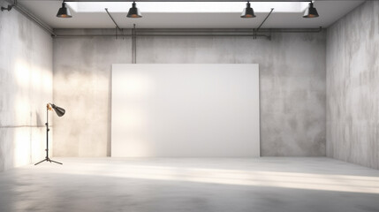 Professional photography studio with white backdrop and overhead lighting