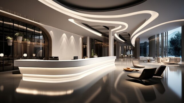 Illustration of modern hotel lobby space. sleek front desk with a