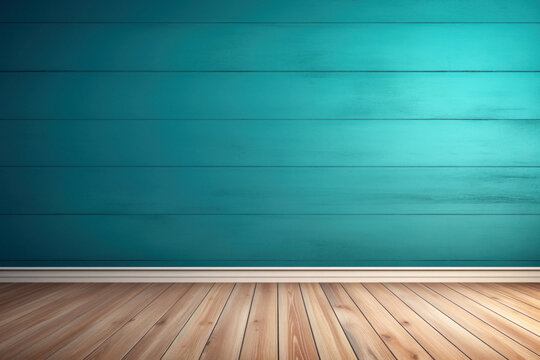 Empty room with blue textured wall and wooden floor