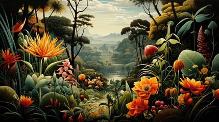  a painting of a forest filled with lots of colorful flowers and greenery next to a body of water with mountains in the distance.