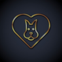 Gold line Heart with dog icon isolated on black background. Pet paw in heart. Love to the animals. Vector