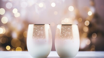  a close up of two wine glasses on a table with a blurry background of lights and a boke of lights in the background.