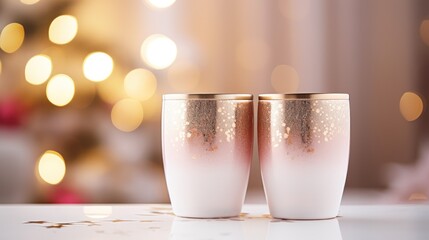  a couple of cups sitting on top of a table next to a christmas tree with lights in the back ground.