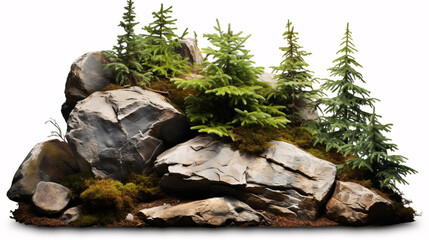 A secluded rock surrounded by evergreen trees, adorned with a decorative bush, provides a scenic landscape.
