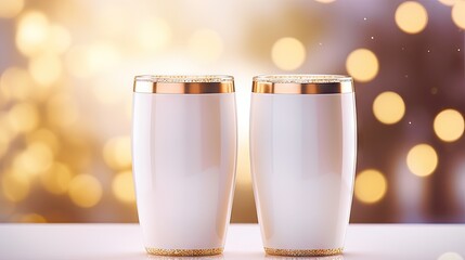  a couple of white vases sitting on top of a table next to a gold and white wall with lights in the background.