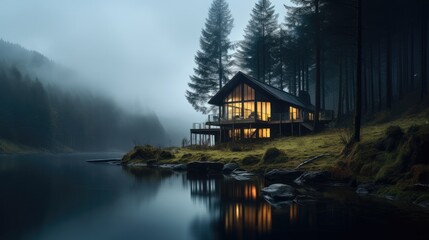 Fototapeta premium Modern cabin near lake with fog and mist.