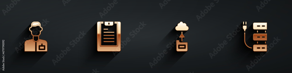 Aufkleber set analyst engineer, server, data report, cloud technology data transfer and icon with long shadow.
