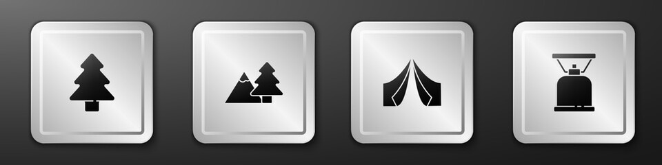 Set Forest, Mountains with tree, Tourist tent and Camping gas stove icon. Silver square button. Vector