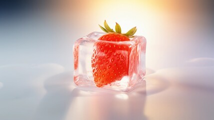 Eine Erdbeere in einem Eiswürfel.