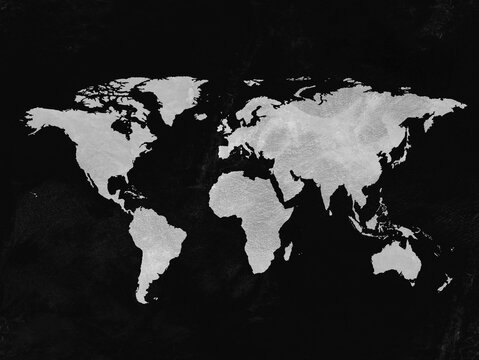 World map with continent. Old paper texture. Dark tones.