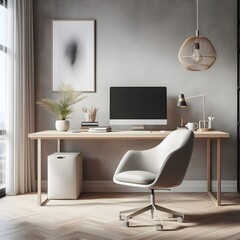 A minimalist home office with a comfortable chair and a desk that is both functional and stylish