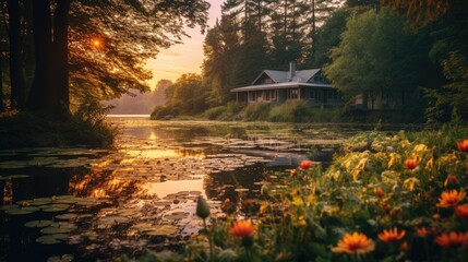  a house sitting on top of a lush green hillside next to a lake filled with water lillies at sunset.