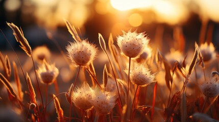  a close up of a bunch of flowers with the sun setting in the back ground behind the flowers and the grass in the foreground.