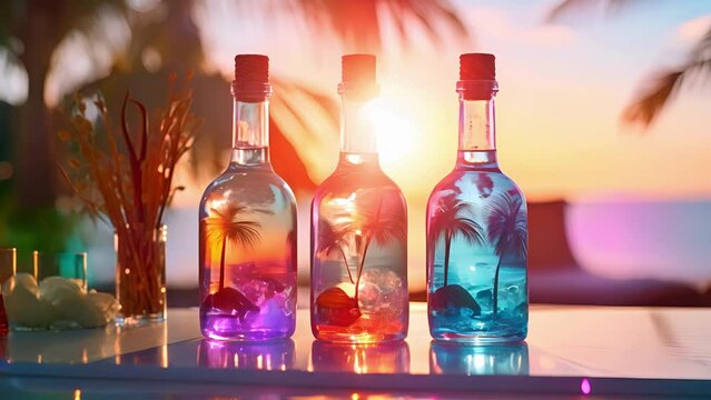 The bottles label, adorned with images of palm trees and waves, further adds to the tropical ambiance of this sea background.